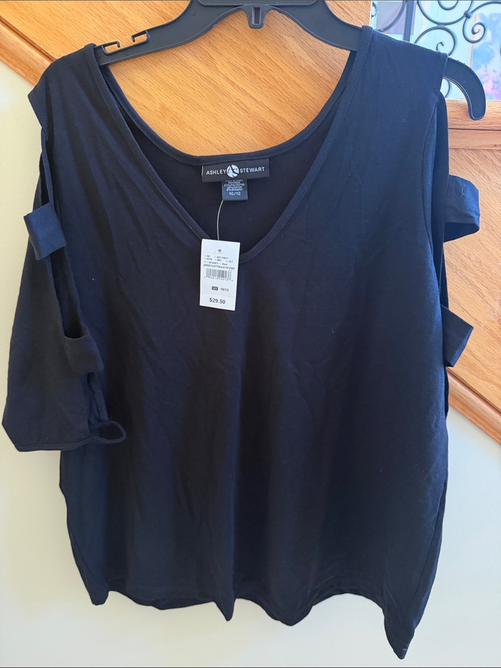 Ashley Stewart Black Cold-Shoulder V-Neck Tee with Strap Details Sz 10/12 NWT